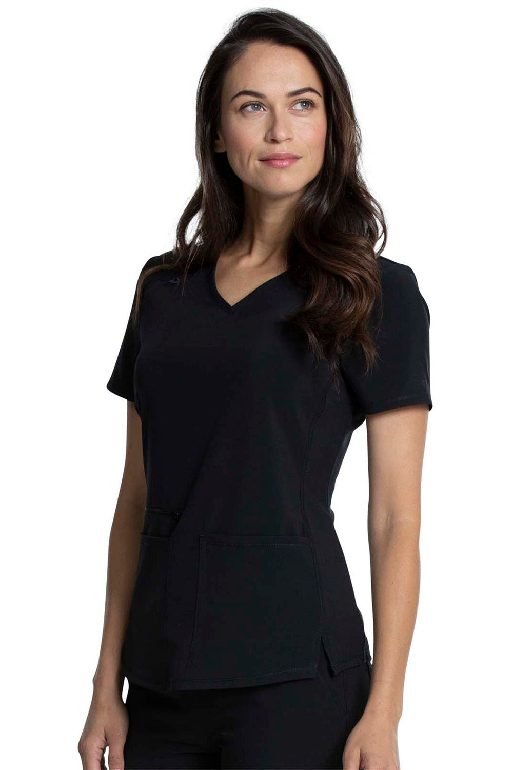 Cherokee Allura CKA685 V-Neck Scrub Top in Black - Professional women's scrub top with tailored fit and side vents - Healthcare apparel.