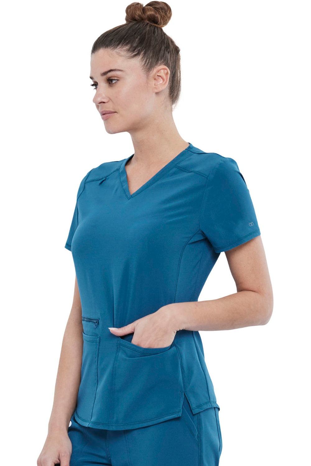 Cherokee Allura CKA685 V-Neck Scrub Top in Caribbean Blue - Lightweight 6oz medical uniform with zip phone pocket - Nurse scrubs.