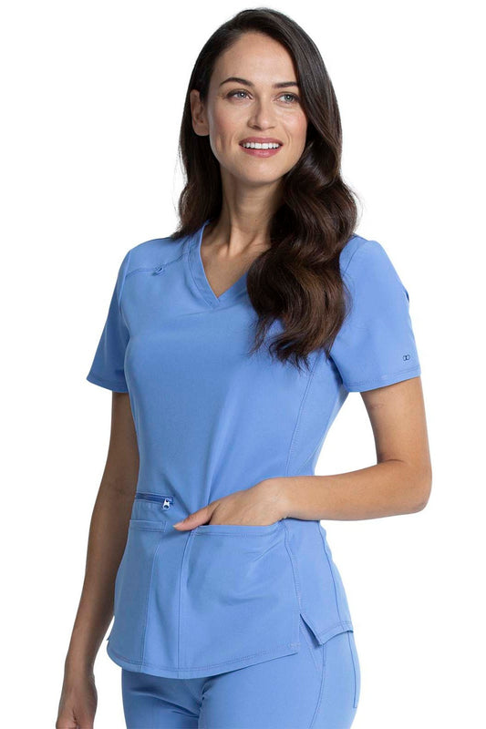 Cherokee Allura CKA685 V-Neck Scrub Top in Ciel Blue - Front view showing princess seams, v-neckline, and patch pockets - Women's medical uniform.
