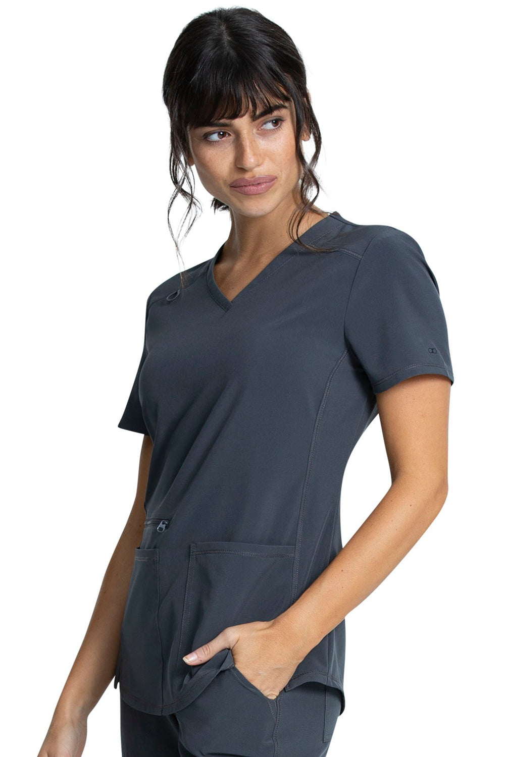 Cherokee Allura CKA685 V-Neck Scrub Top in Pewter Grey - Professional healthcare top with zip pocket and side vents - Medical workwear.