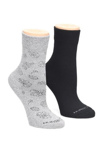 Nurse Mates Diabetic Comfort Crew Socks 2/Pack in Grey Floral and Black at Parker's Clothing and Shoes.