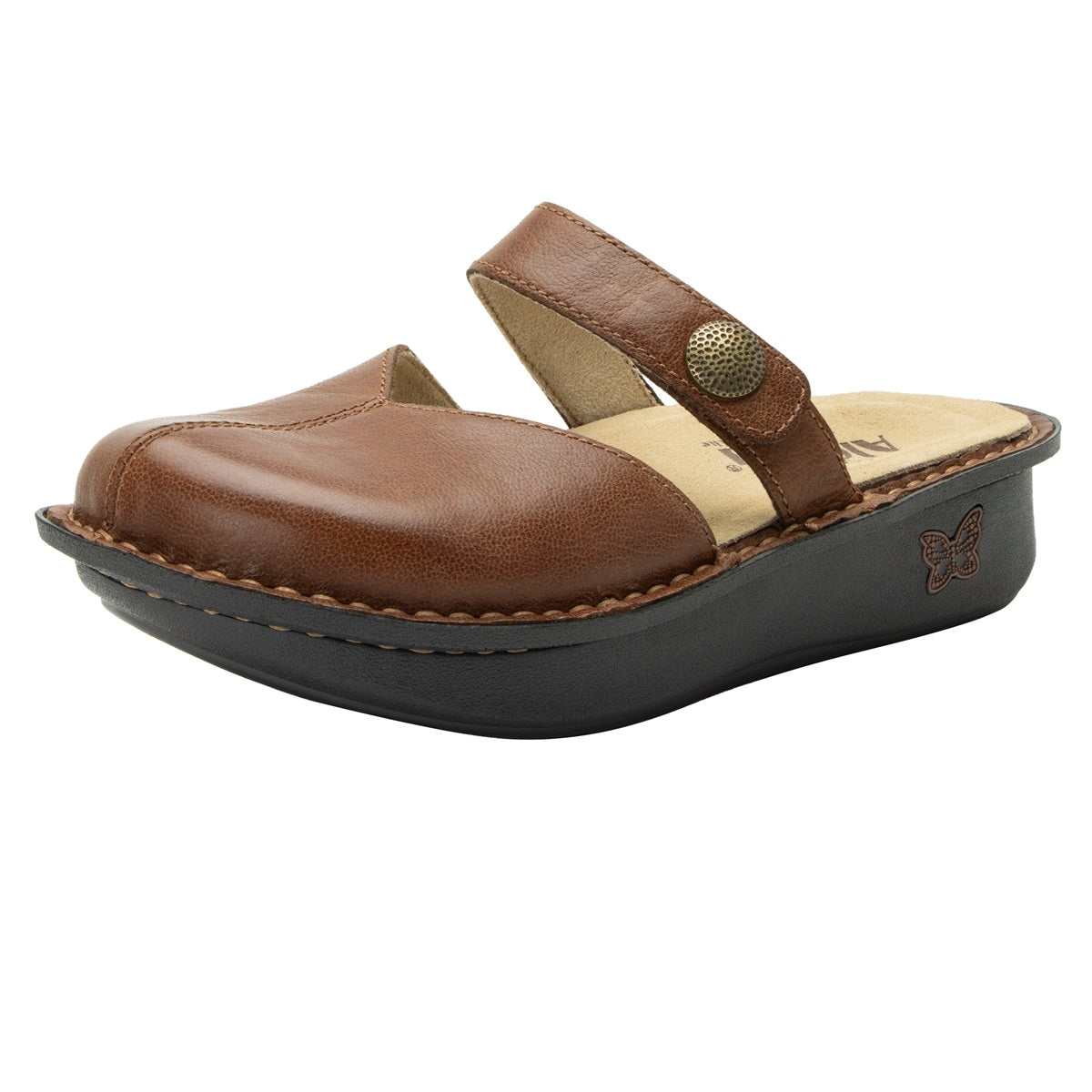 Brown sandal with a strap on a white background