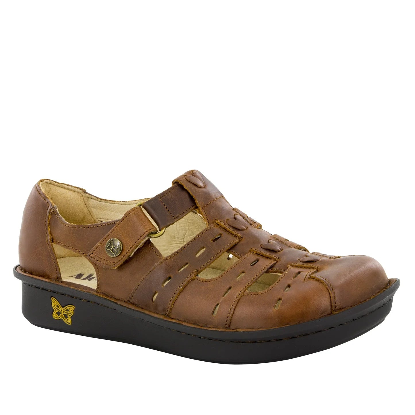 Brown sandal with a butterfly logo on a white background