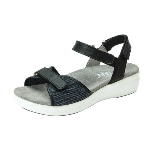 Black and gray sandal with a white sole on a white background