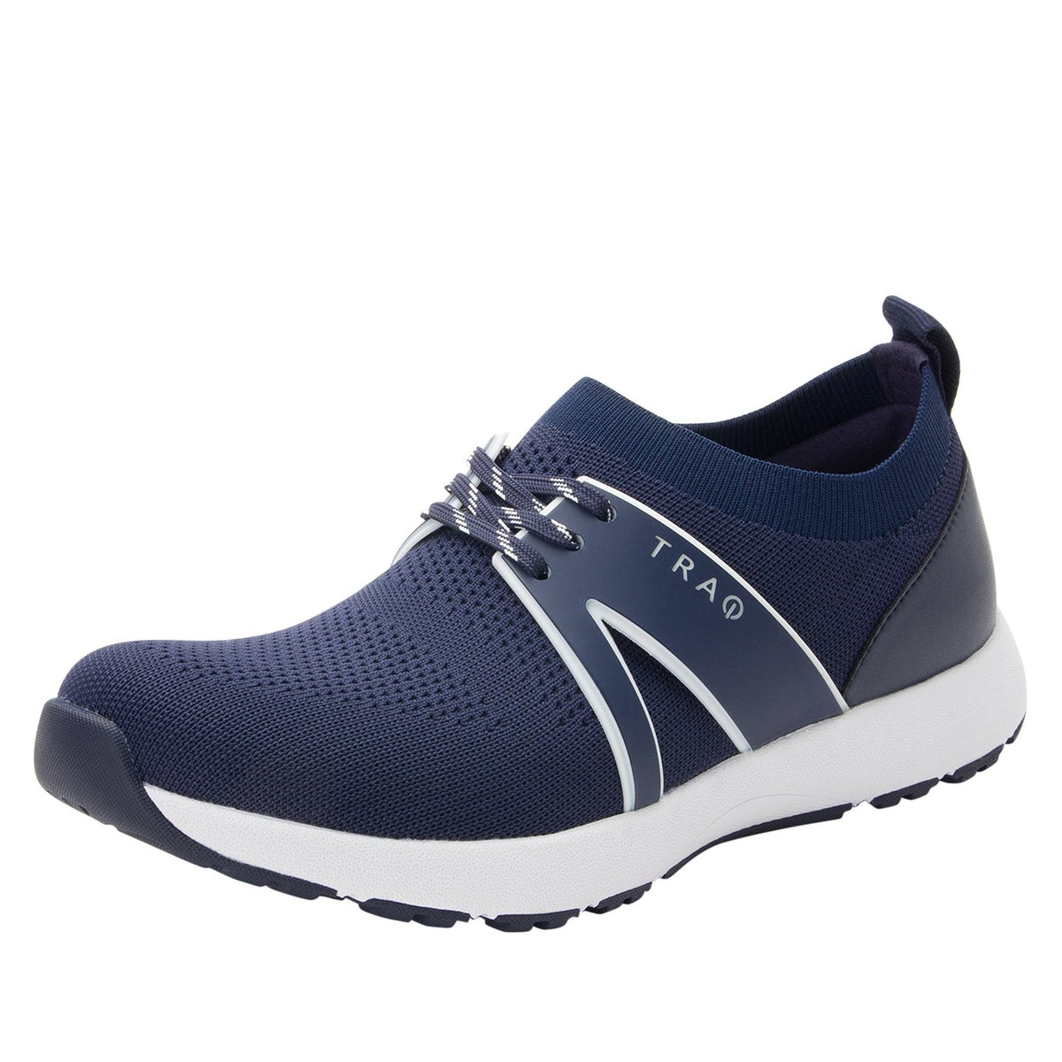 Navy blue athletic shoe with white sole on a white background
