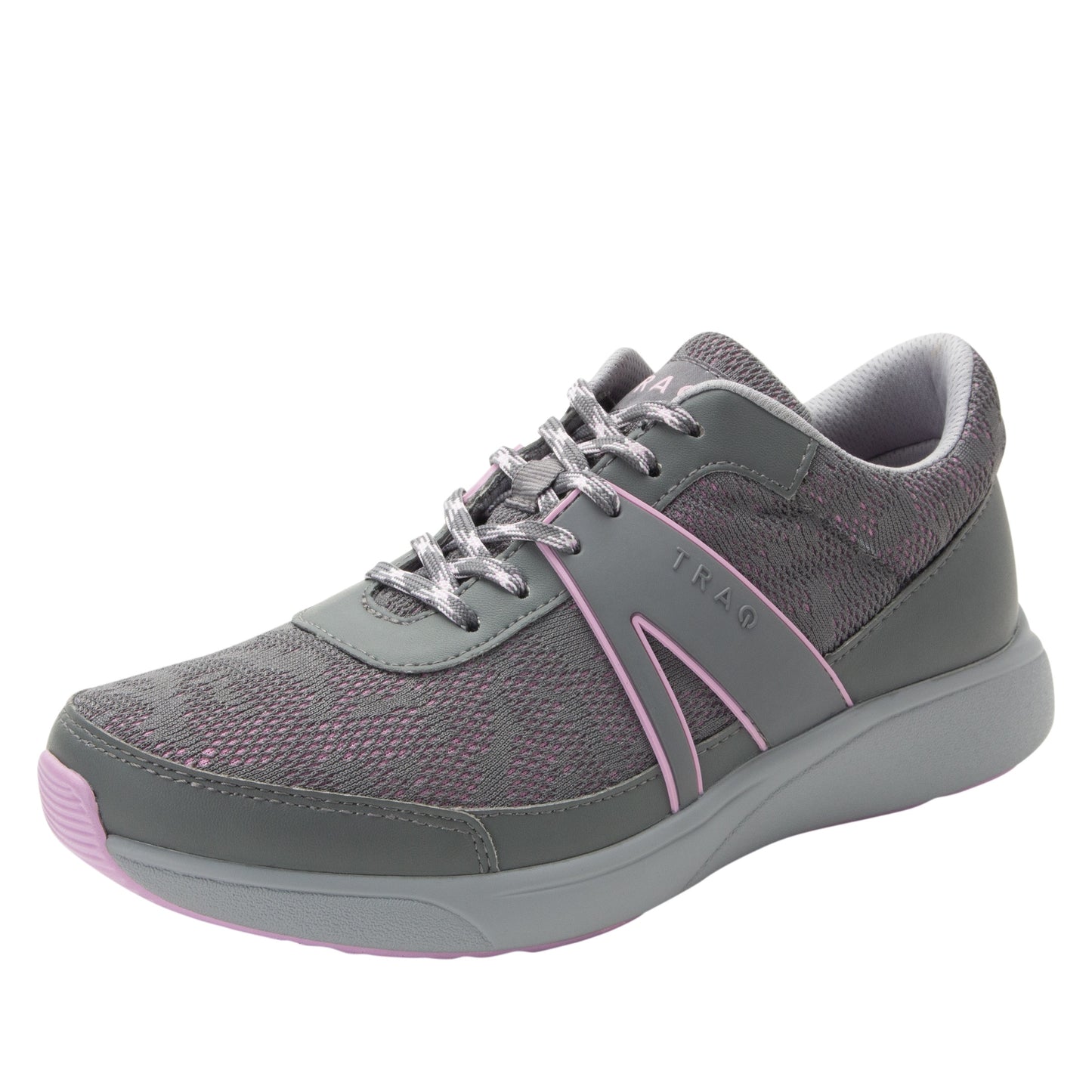 Gray athletic shoe with pink accents on a white background