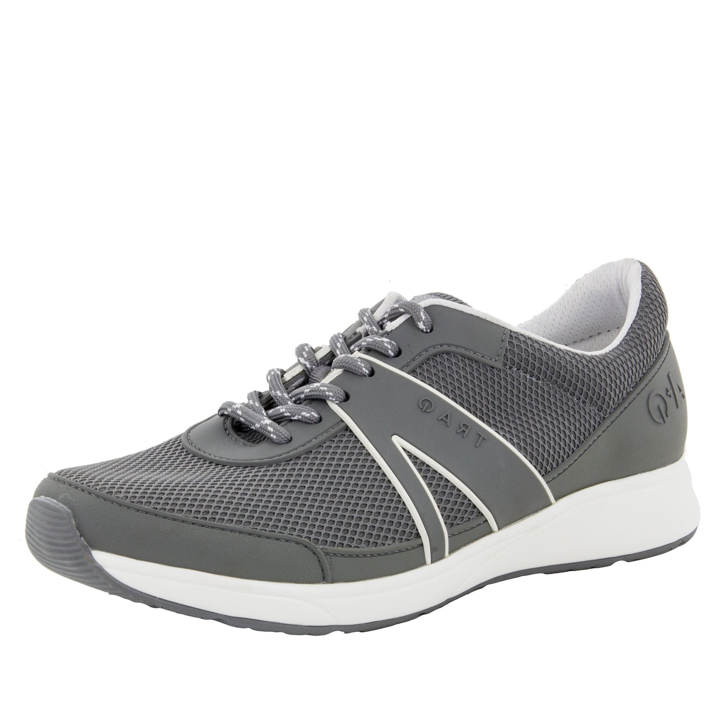 Gray athletic shoe with white sole on a white background