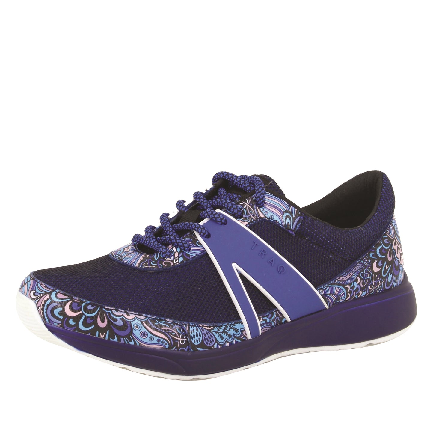 Navy blue sneaker with paisley pattern on a white background