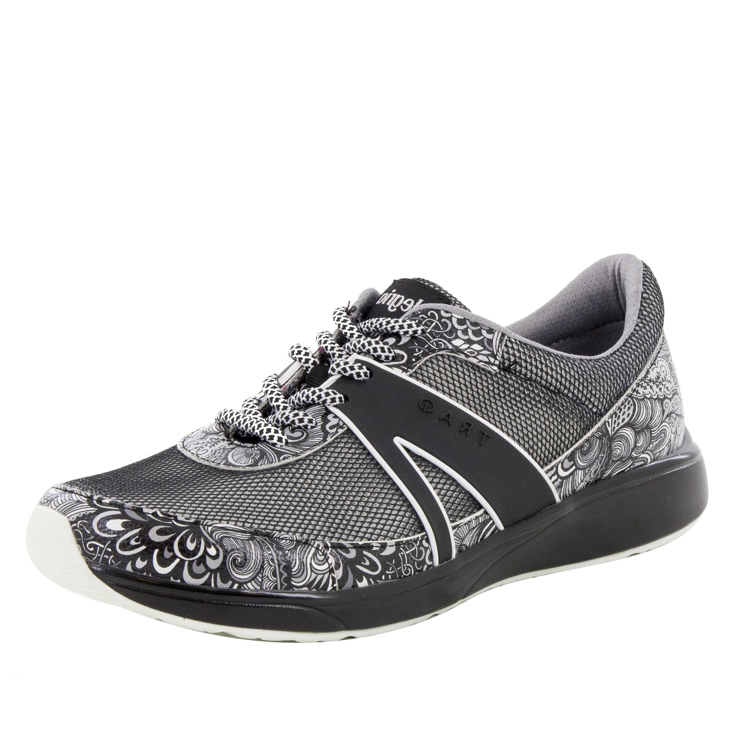 Gray and black sneaker with intricate patterns on a white background