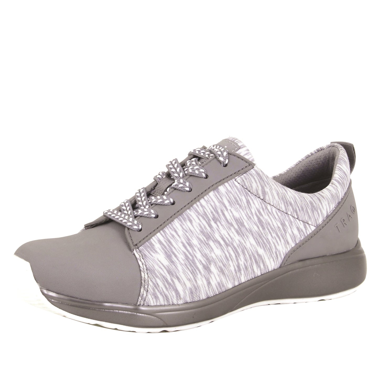 Gray and white sneaker with textured pattern on a white background