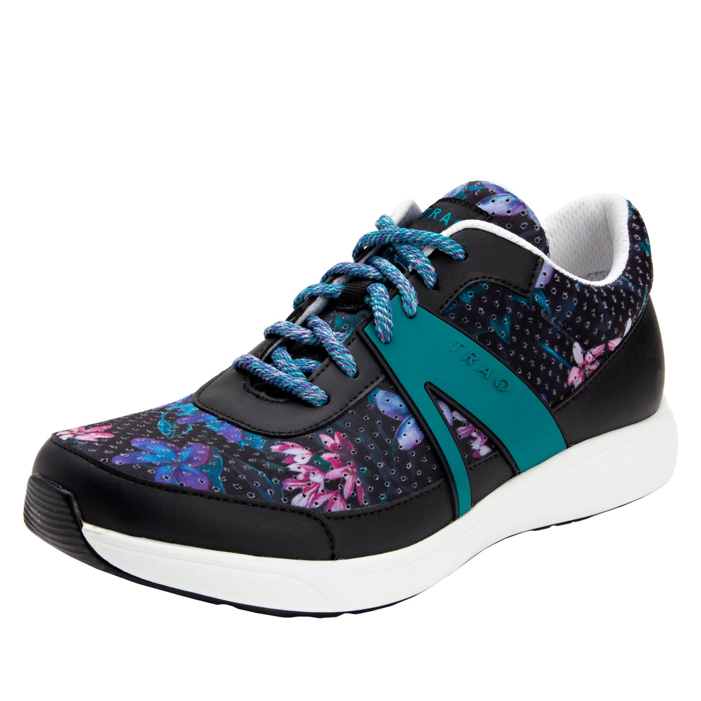 Sneaker with floral pattern and blue laces on a white background