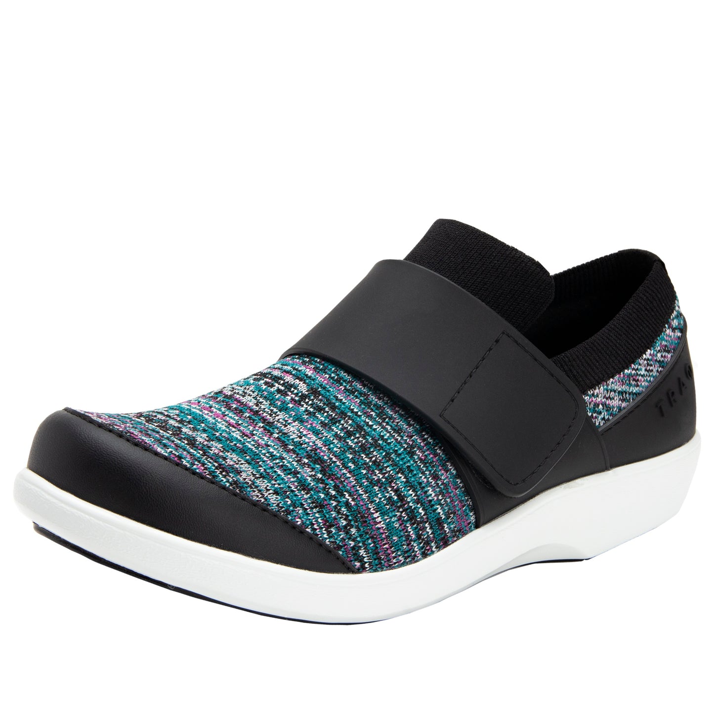 Black and multicolor slip-on shoe on a white background