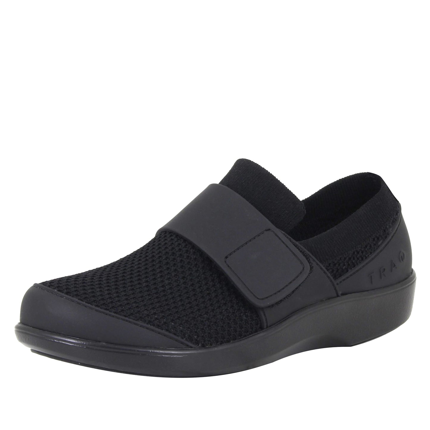 Black shoe with velcro strap on a white background