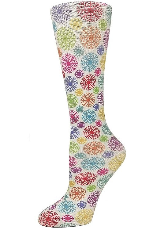 Cutieful Moderate Compression Socks 10-18 MMhg Wide Calf Knit Print Pattern Rainbow Snowflakes at Parker's Clothing and Shoes.