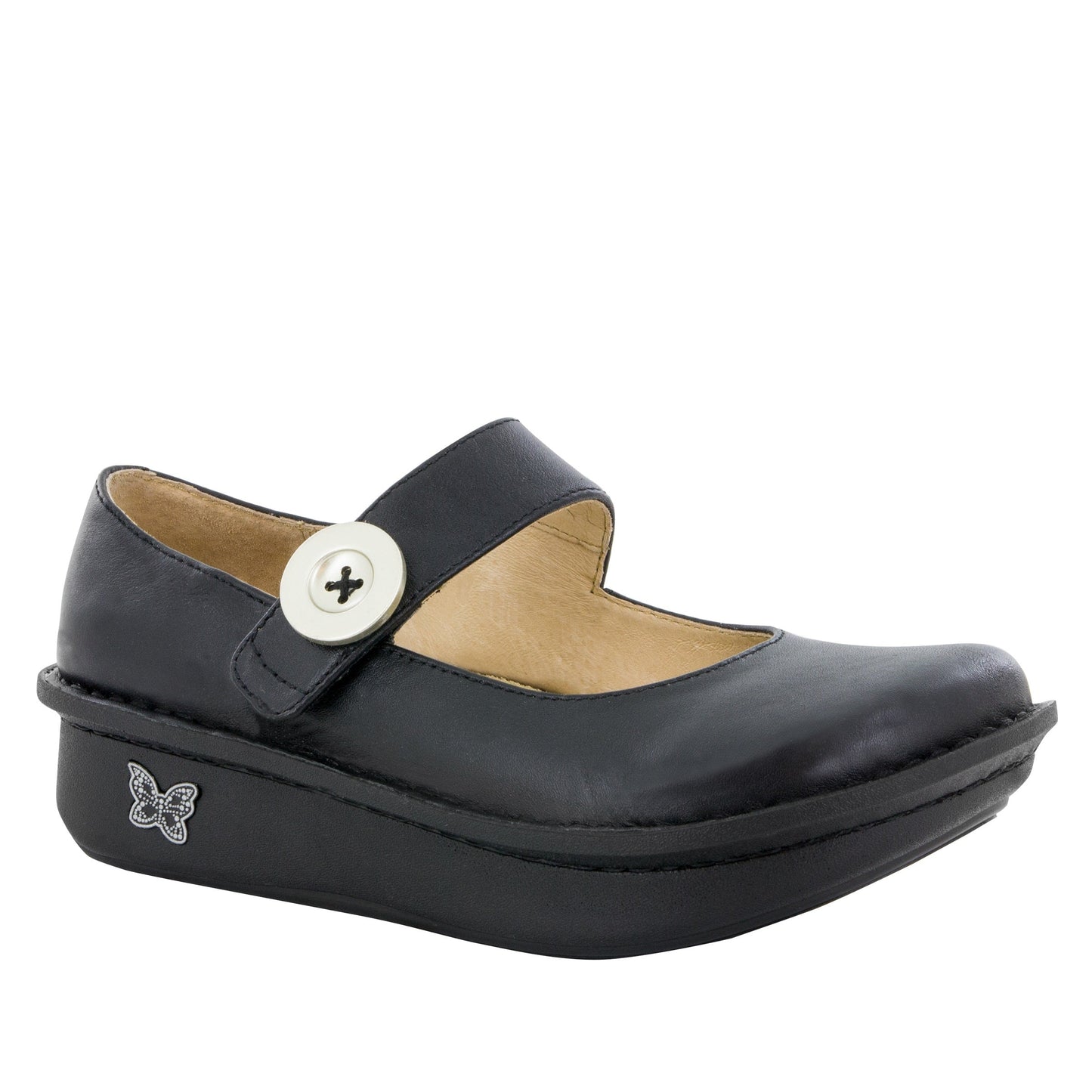 Alegria Paloma Mary Jane ALG-PAL-601 Black leather shoe with a silver button on a white background.