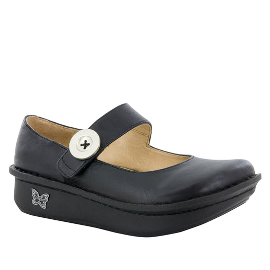 Alegria Paloma Mary Jane ALG-PAL-601 Black leather shoe with a silver button on a white background.