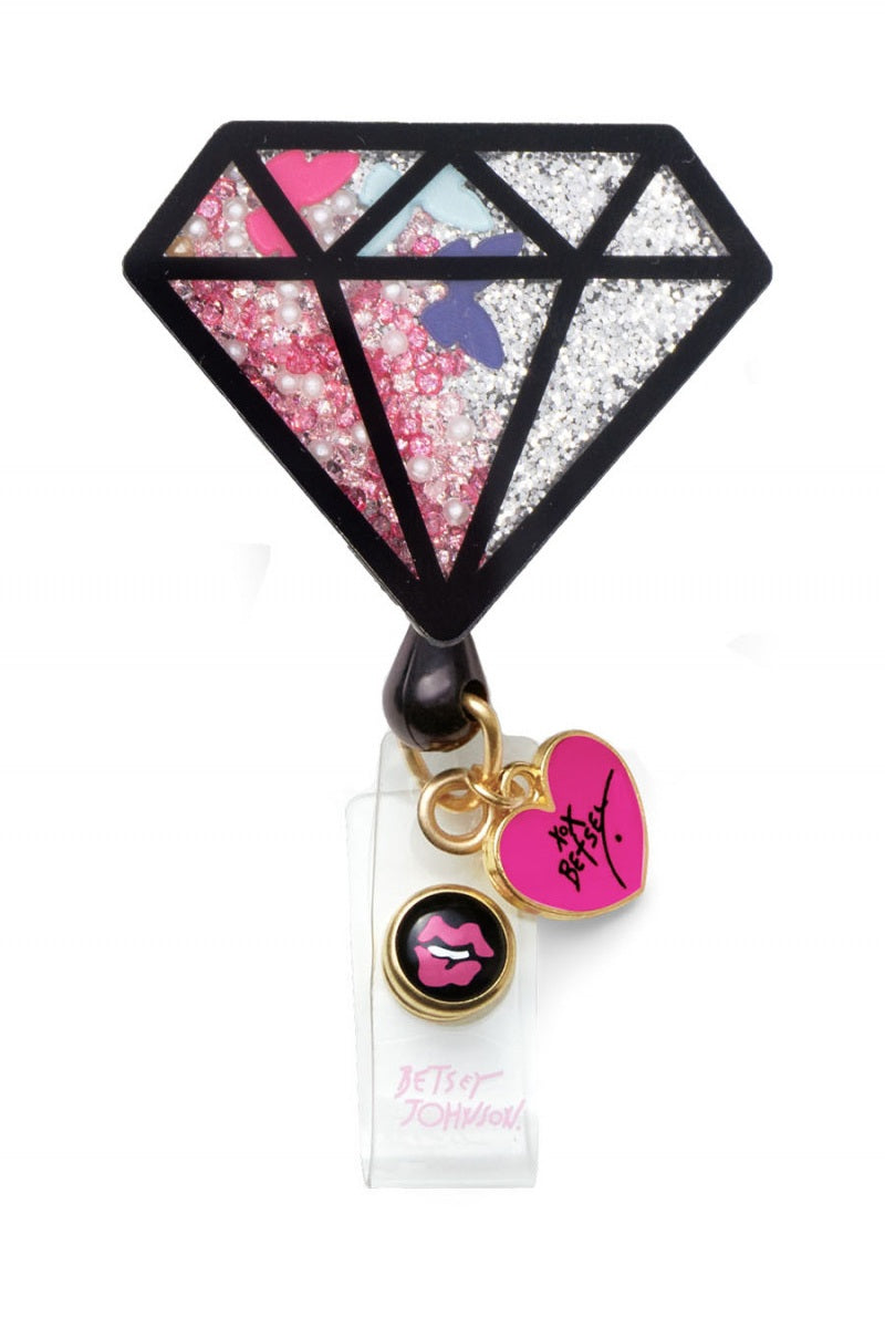 koi Betsey Johnson Diamond Shaker Badge Reel with retractable cord and snap badge holder 