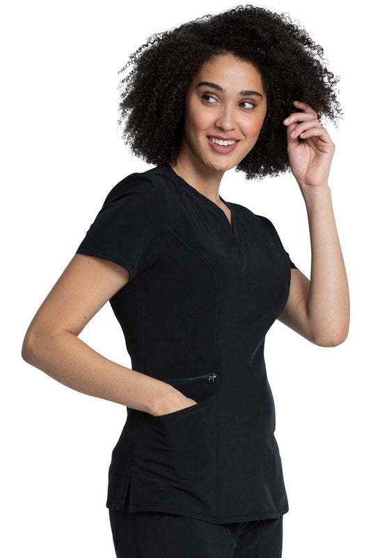 Cherokee Allura CKA684 V-Neck scrub top in Black - 4-way stretch moisture-wicking medical scrubs for women healthcare professionals.