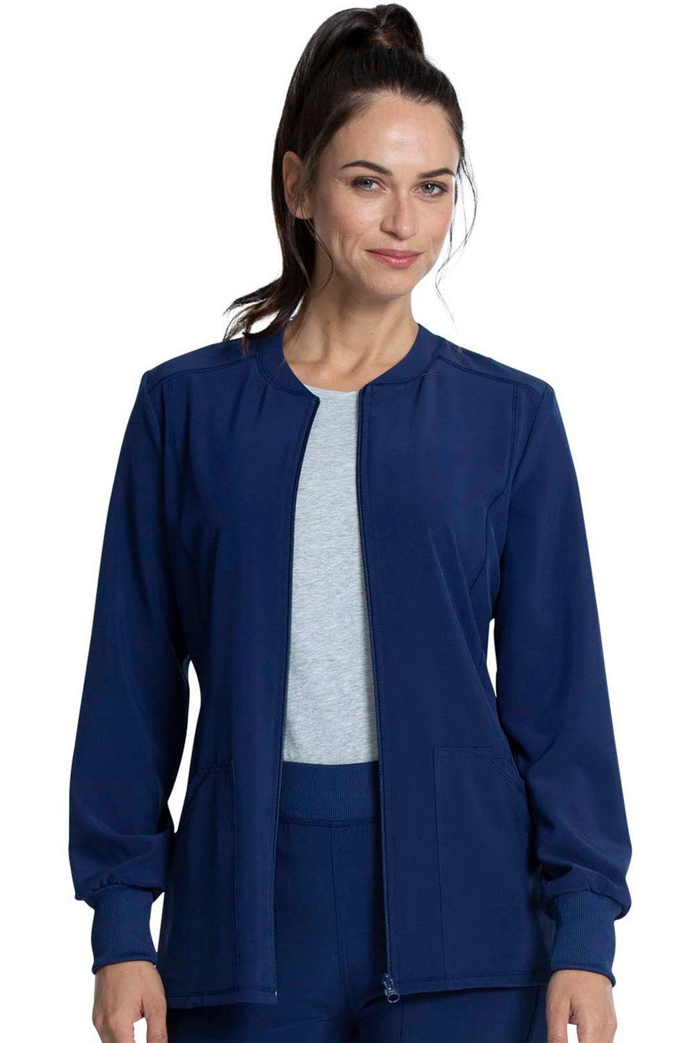 Cherokee Allura zip front scrub jacket in navy blue, style CKA384 – durable healthcare uniform jacket.