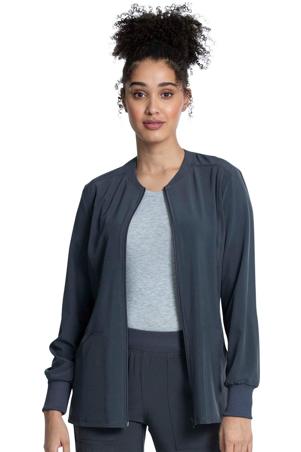 Cherokee Allura zip front scrub jacket in pewter grey, style CKA384 – comfortable medical workwear.