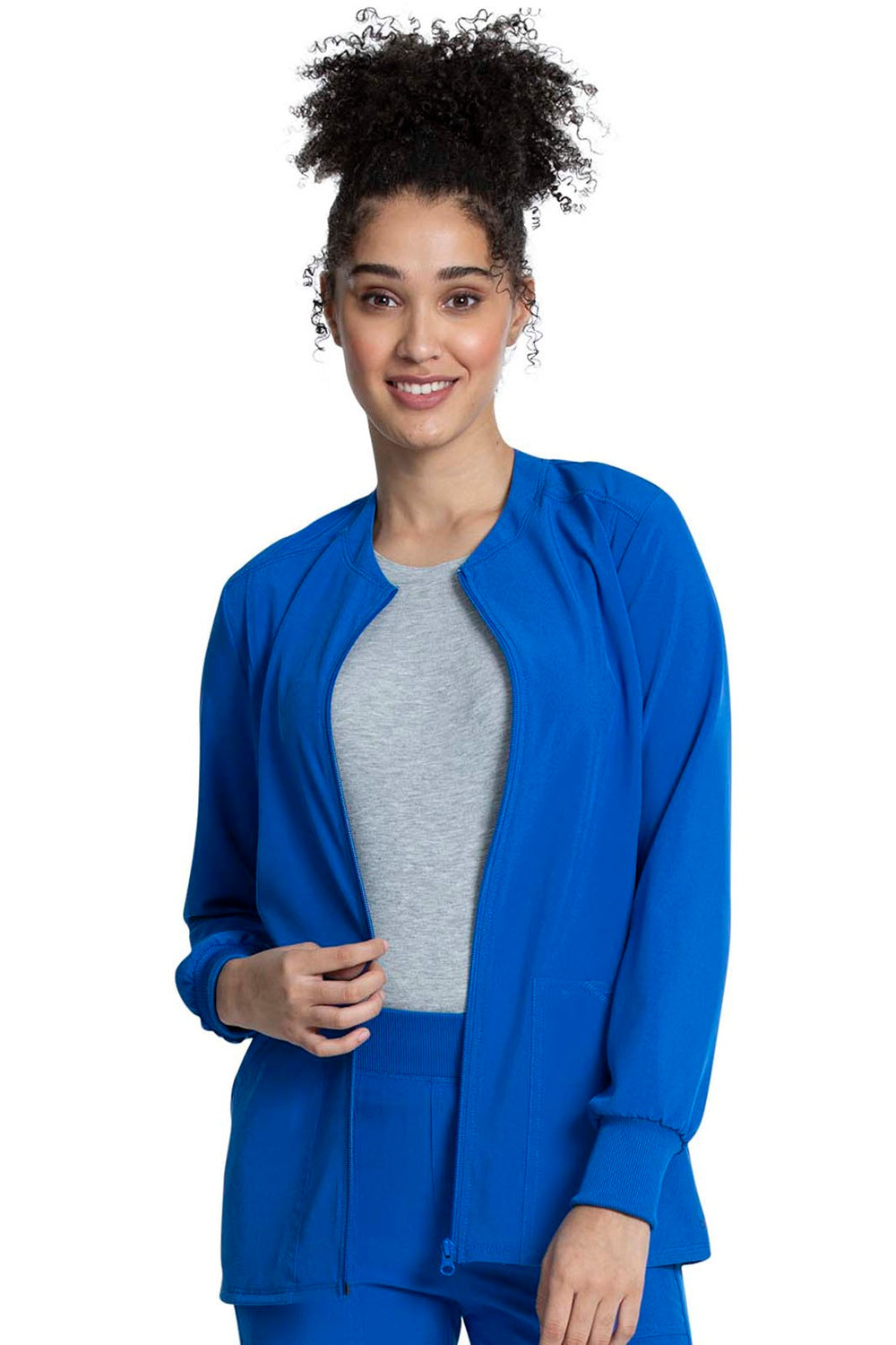 Cherokee Allura zip front scrub jacket in royal blue, style CKA384 – premium scrub jacket for healthcare professionals.