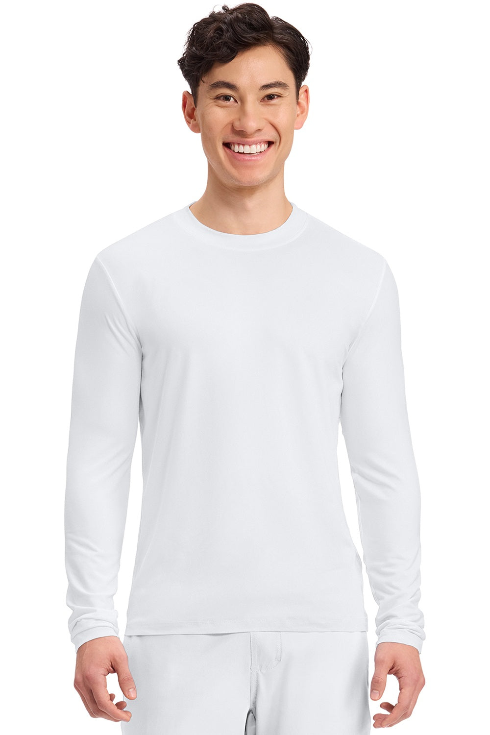 Cherokee CK807 men's long sleeve underscrub tee in white, moisture-wicking crew neck knit, front view.