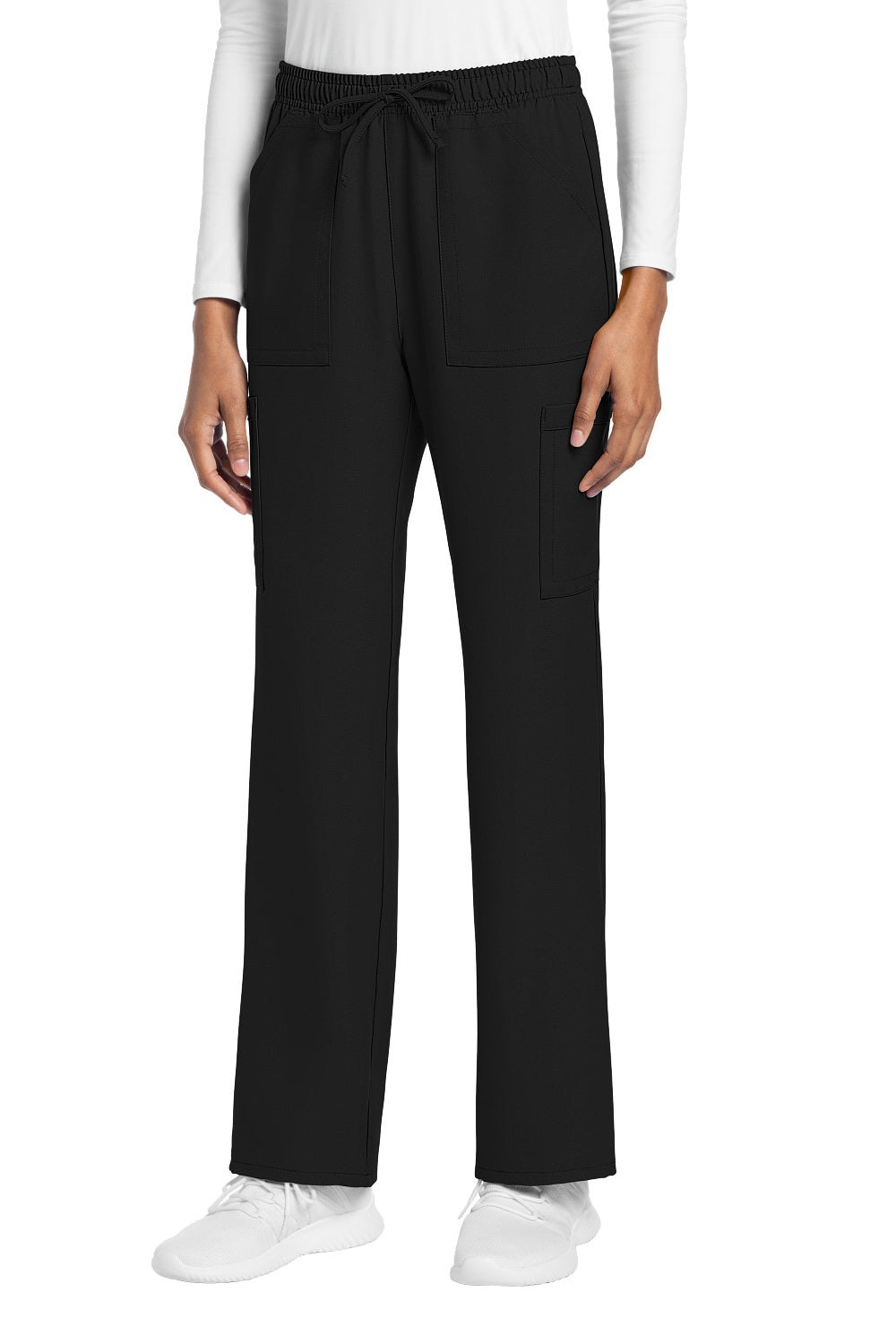 Cherokee CK272A Ultra Cargo scrub pants in black - mid-rise straight leg medical uniform with 4 functional pockets and drawstring waist.