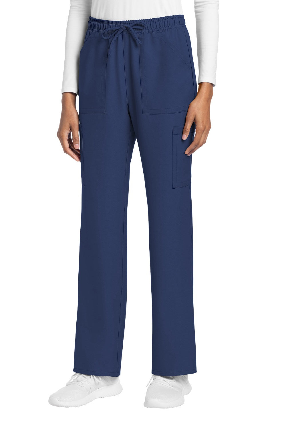 Cherokee CK272A Ultra Cargo scrub pants in navy blue - mid-rise straight leg medical uniform with 4 functional pockets and drawstring waist. 