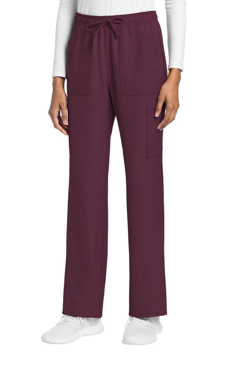 Cherokee CK272A Ultra Cargo scrub pants in wine - mid-rise straight leg medical uniform with 4 functional pockets and drawstring waist.