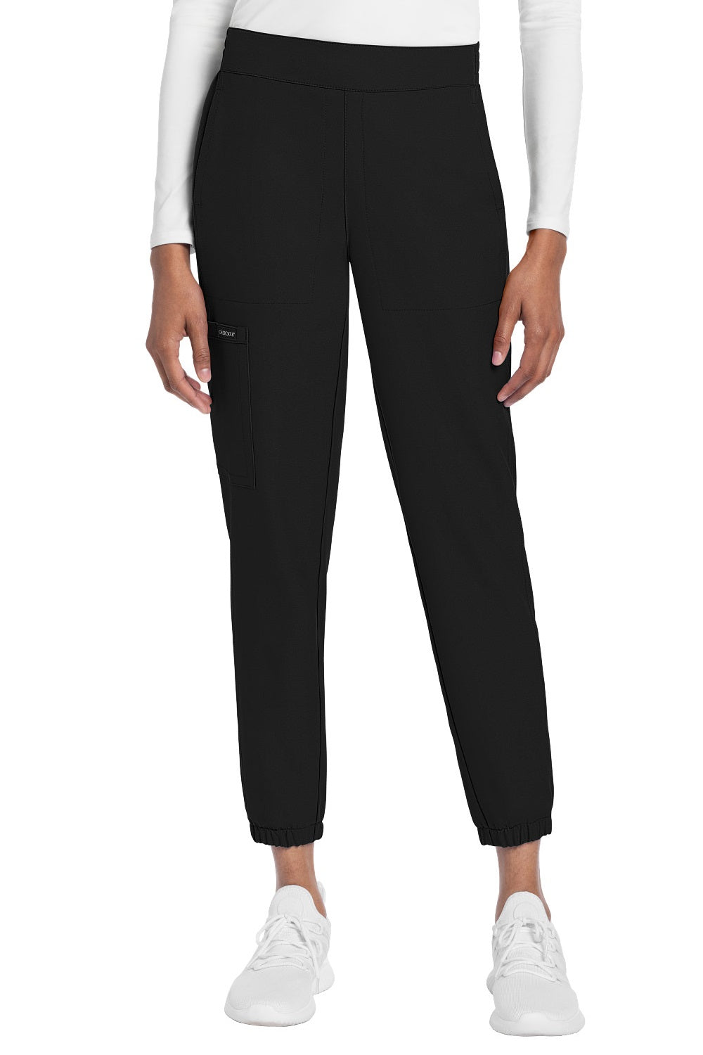 Cherokee Ultra CK273A jogger scrub pants in Black — pull-on drawstring waist, tapered leg, 5 pockets, 100% Polyester Twill, sizes XXS–2XL Regular & Petite
