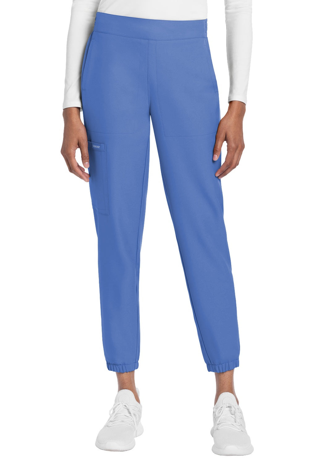 Cherokee Ultra CK273A jogger scrub pants in Ceil Blue — pull-on drawstring waist, tapered leg, 5 pockets, 100% Polyester Twill, sizes XXS–2XL Regular & Petite
