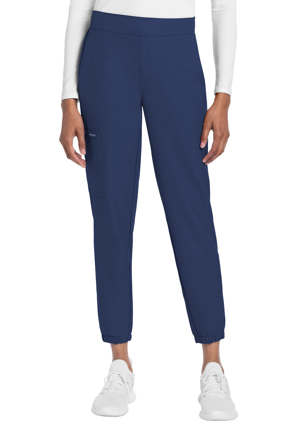 Cherokee Ultra CK273A jogger scrub pants in Navy Blue — pull-on drawstring waist, tapered leg, 5 pockets, 100% Polyester Twill, sizes XXS–2XL Regular & Petite

