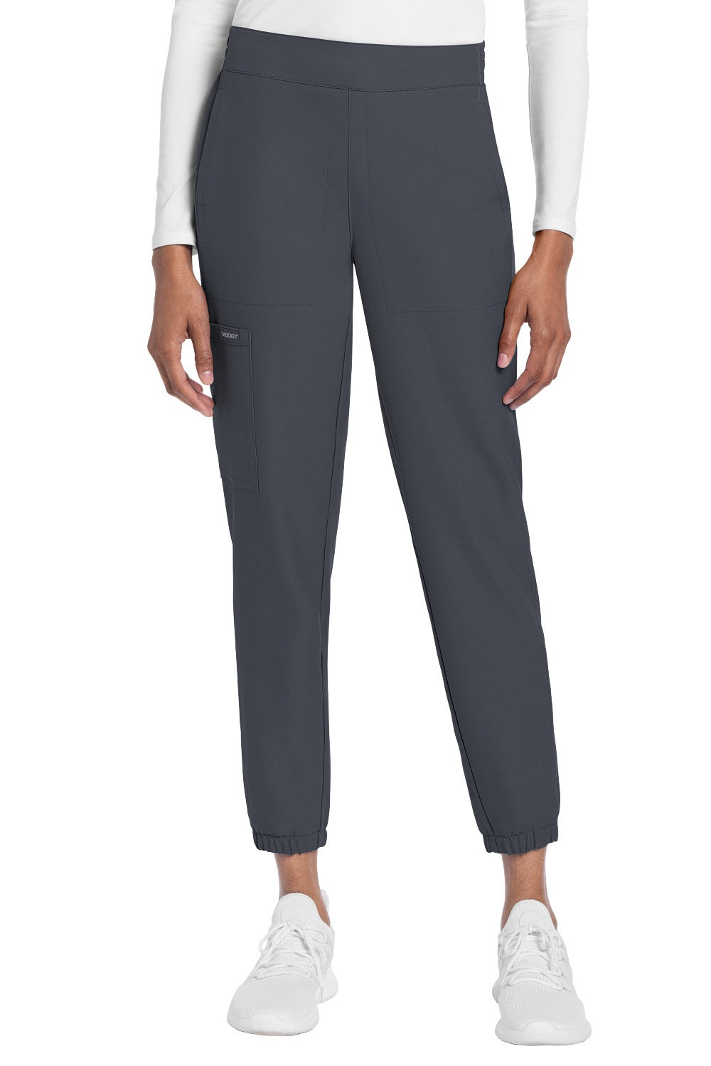 Cherokee Ultra CK273A jogger scrub pants in Pewter Grey — pull-on drawstring waist, tapered leg, 5 pockets, 100% Polyester Twill, sizes XXS–2XL Regular & Petite
