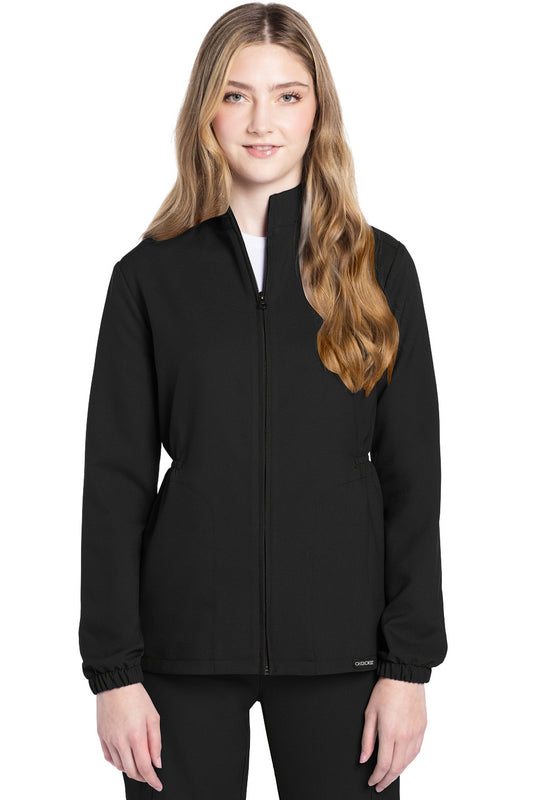 Cherokee Ultra CK391A Women's Zip Front Anorak Scrub Jacket in Black — cinched waist, high-low hem, 100% Polyester Twill 