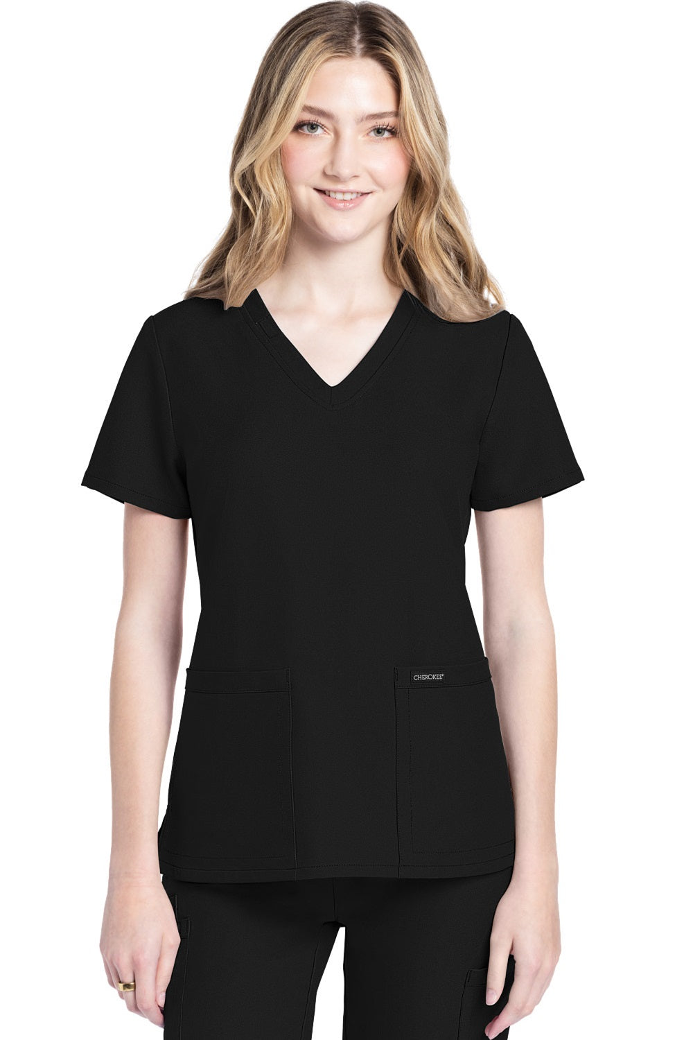 Cherokee Ultra CK953A Women's V-Neck Scrub Top in Black — 100% Polyester Twill, 2-Pocket Medical Uniform for Nurses & Healthcare Professionals