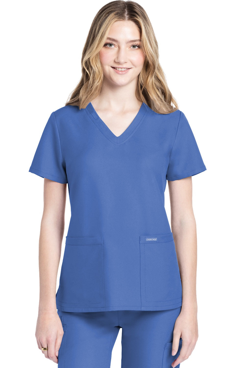 Cherokee Ultra CK953A Women's V-Neck Scrub Top in Ceil Blue — 100% Polyester Twill, 2-Pocket Medical Uniform for Nurses & Healthcare Professionals