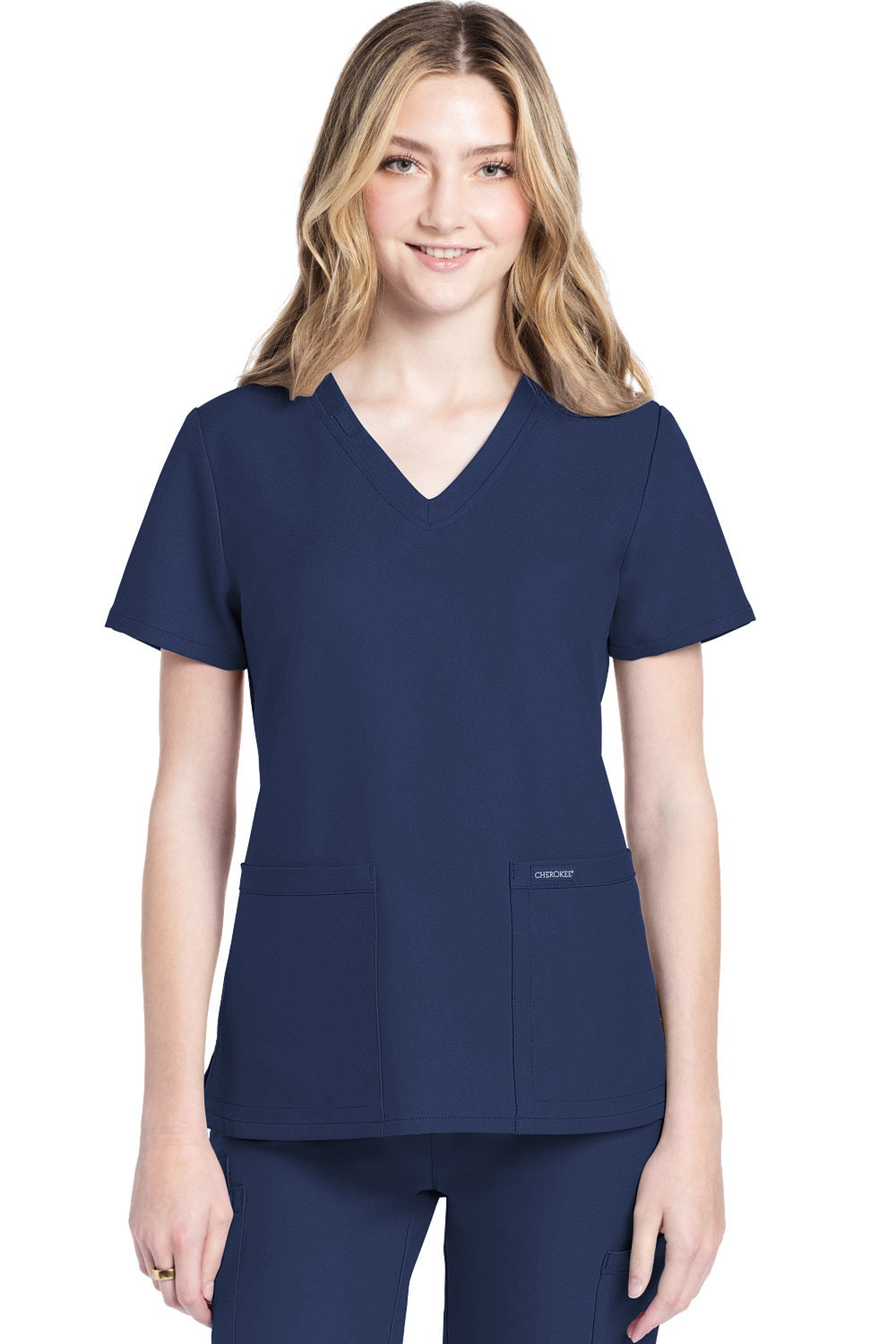 Cherokee Ultra CK953A Women's V-Neck Scrub Top in Navy Blue — 100% Polyester Twill, 2-Pocket Medical Uniform for Nurses & Healthcare Professionals.