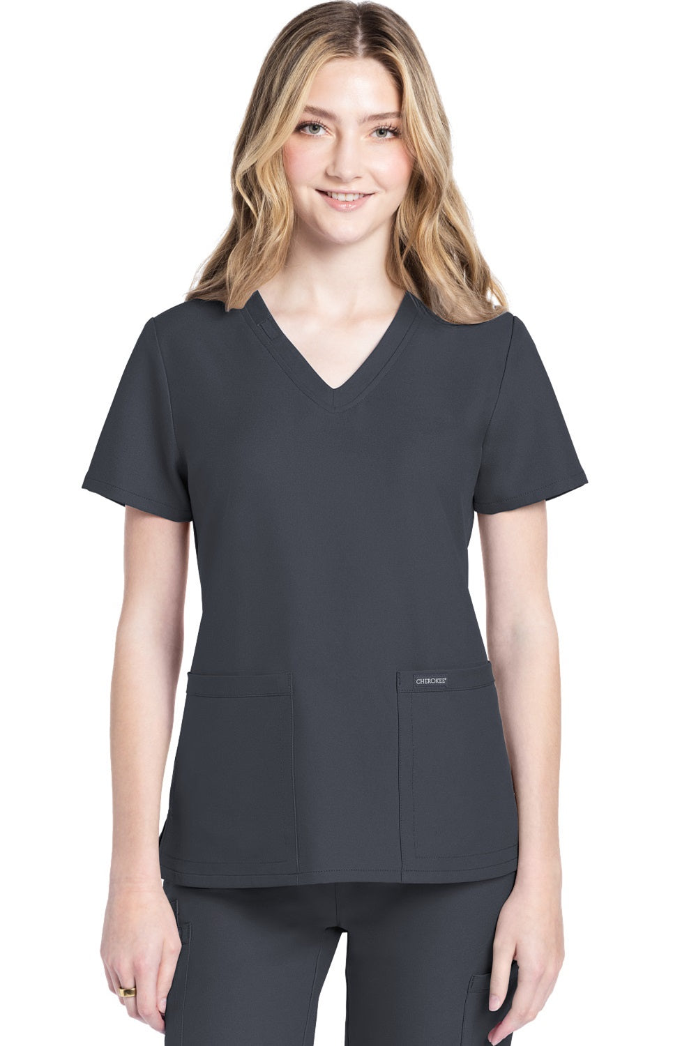 Cherokee Ultra CK953A Women's V-Neck Scrub Top in Pewter Grey — 100% Polyester Twill, 2-Pocket Medical Uniform for Nurses & Healthcare Professionals