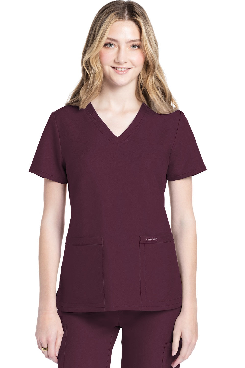 Cherokee Ultra CK953A Women's V-Neck Scrub Top in Wine — 100% Polyester Twill, 2-Pocket Medical Uniform for Nurses & Healthcare Professionals