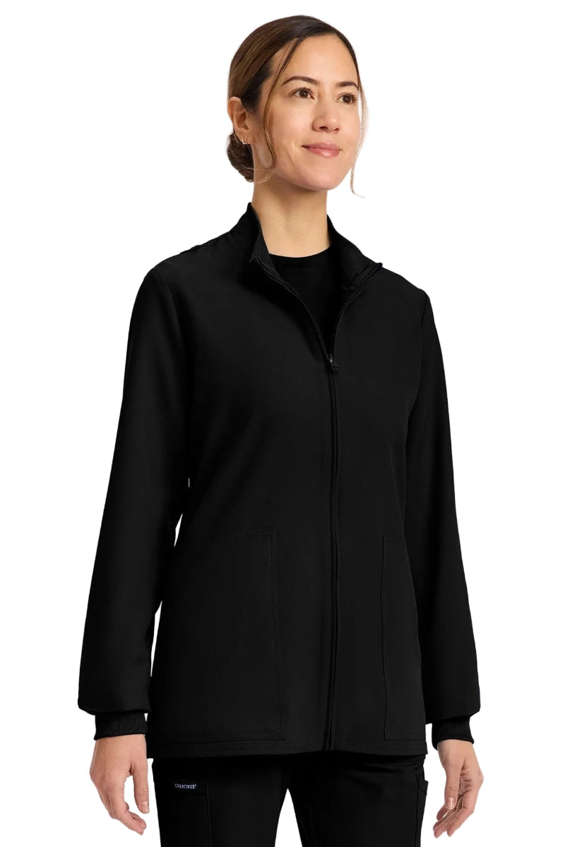 Cherokee Ultra Women's Black Zip Front Scrub Jacket CK00013A with rib-knit collar and side pockets.