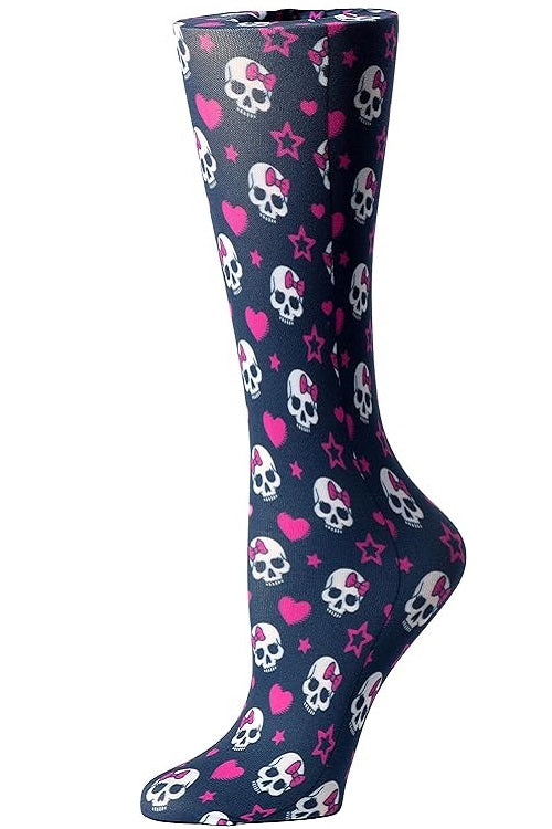 Women's knee-high compression socks in Black Skulls print - Cutieful 10-18 mmHg moderate graduated compression for nurses and healthcare workers.
