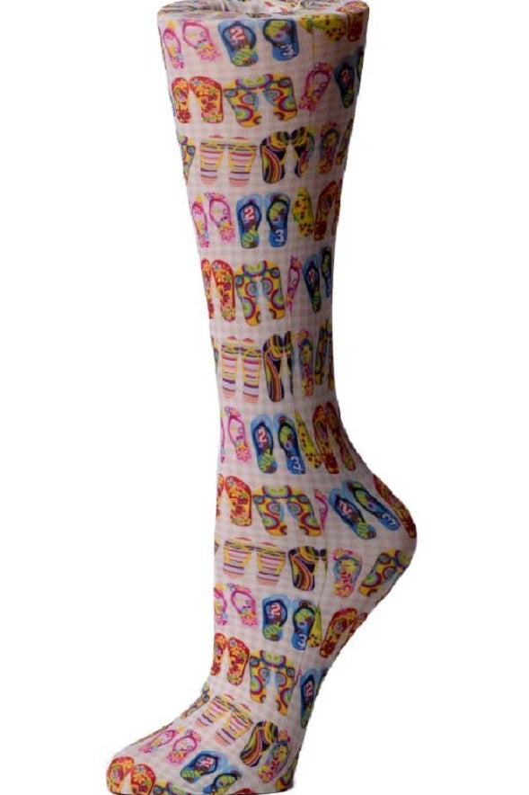 Women's knee-high compression socks in Flip Flops print - Cutieful 10-18 mmHg moderate graduated compression for nurses and healthcare workers.