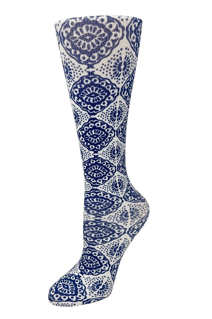 Women's knee-high wide calf compression socks in Mesmerize print - Cutieful 10-18 mmHg moderate graduated compression for nurses and healthcare workers.