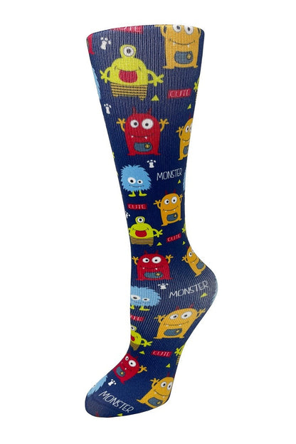 Women's knee-high compression socks in Monster Mash print - Cutieful 10-18 mmHg moderate graduated compression for nurses and healthcare workers.