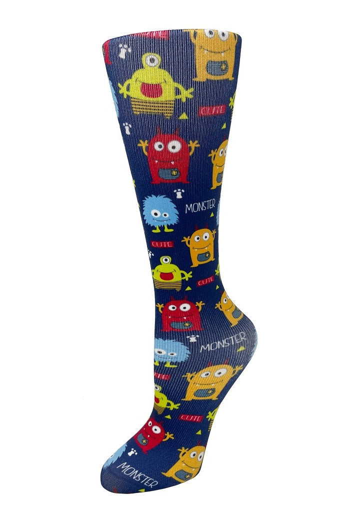 Women's knee-high wide calf compression socks in Monster Mash print - Cutieful 10-18 mmHg moderate graduated compression for nurses and healthcare workers.