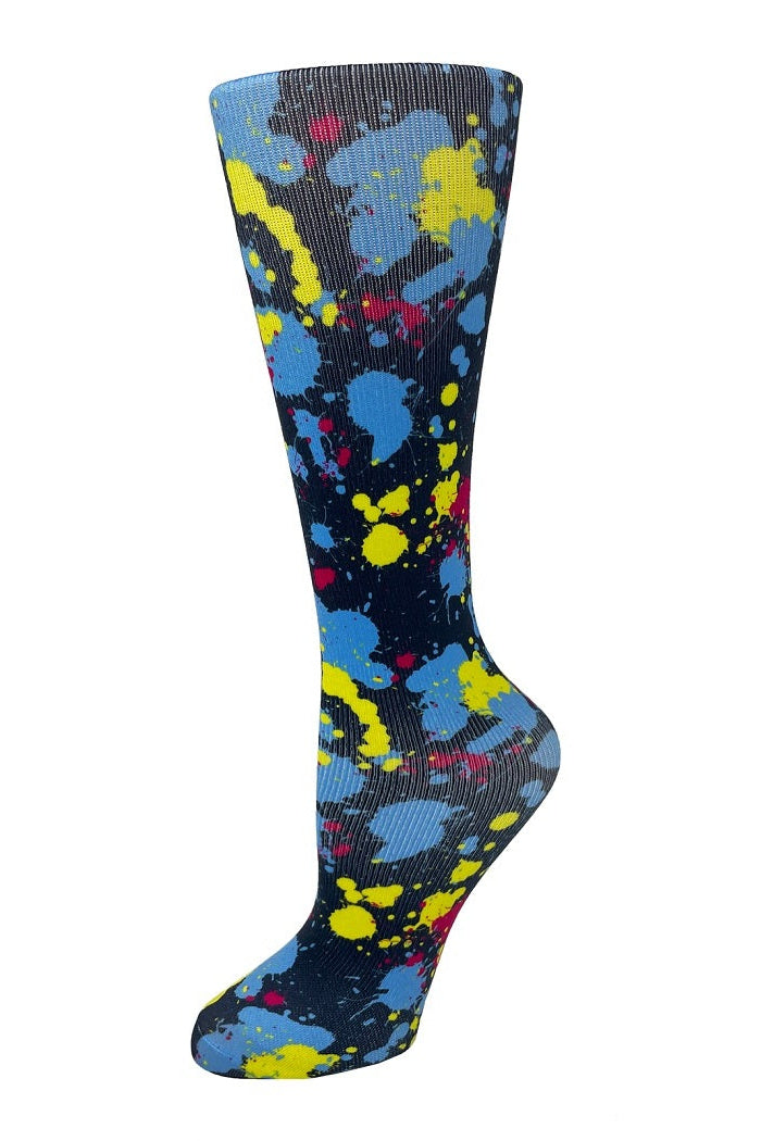 Women's knee-high wide calf compression socks in Paint Splatter print - Cutieful 10-18 mmHg moderate graduated compression for nurses and healthcare workers.