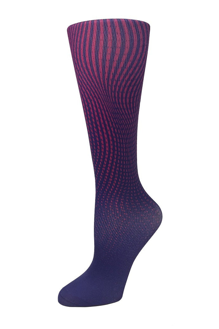 Women's knee-high wide calf compression socks in Purple Ombre print - Cutieful 10-18 mmHg moderate graduated compression for nurses and healthcare workers.