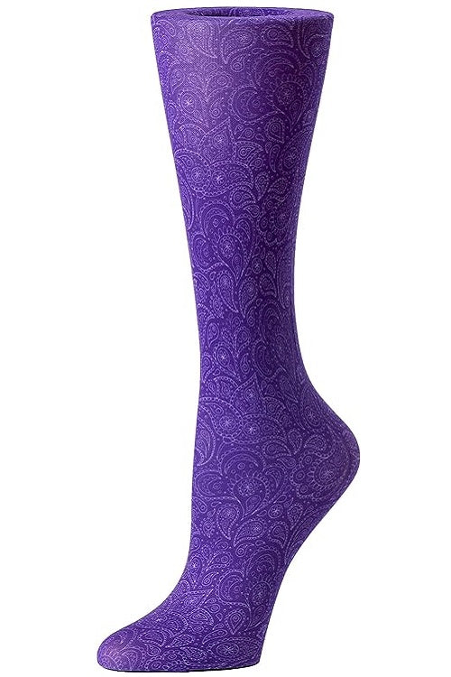 Women's knee-high compression socks in Purple Paisley print - Cutieful 10-18 mmHg moderate graduated compression for nurses and healthcare workers.