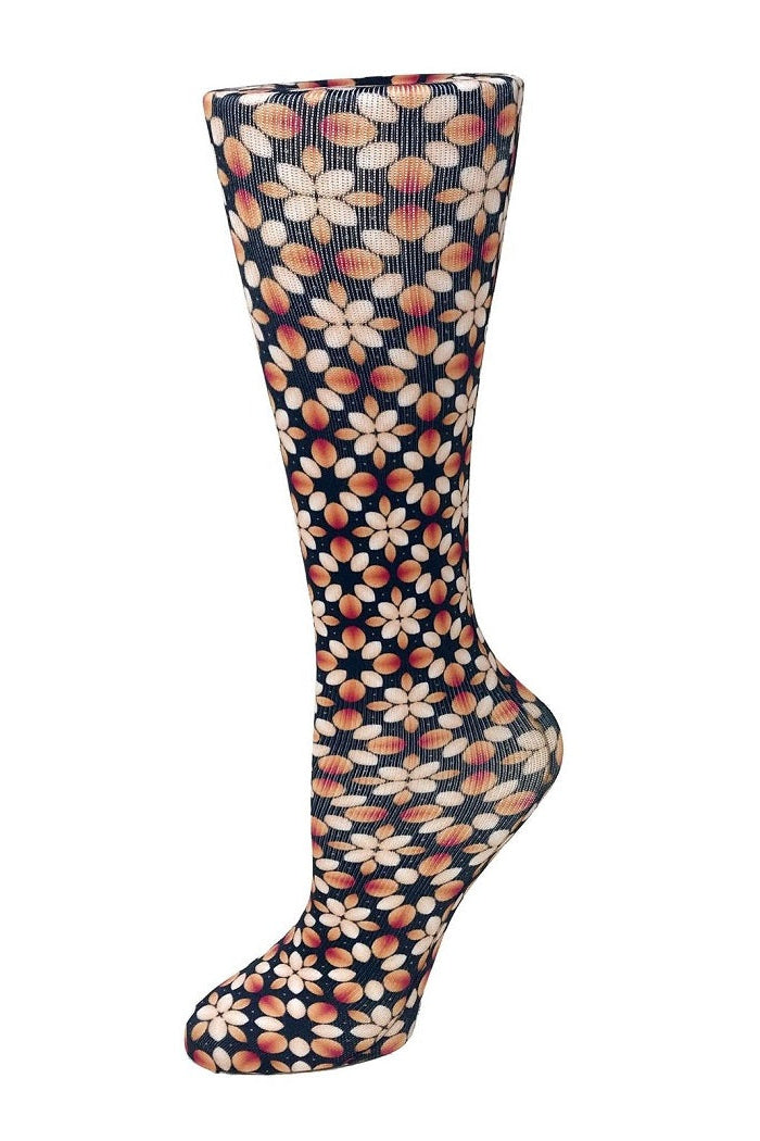 Women's knee-high wide calf compression socks in Starburst print - Cutieful 10-18 mmHg moderate graduated compression for nurses and healthcare workers.