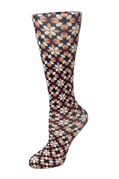 Women's knee-high wide calf compression socks in Starburst print - Cutieful 10-18 mmHg moderate graduated compression for nurses and healthcare workers.